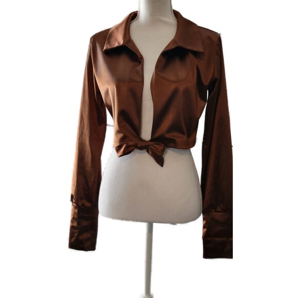 LuFeng Satin Caramel Brown Tie Front Long Sleeve 2 Crop Top Sz L - Picture 2 of 4